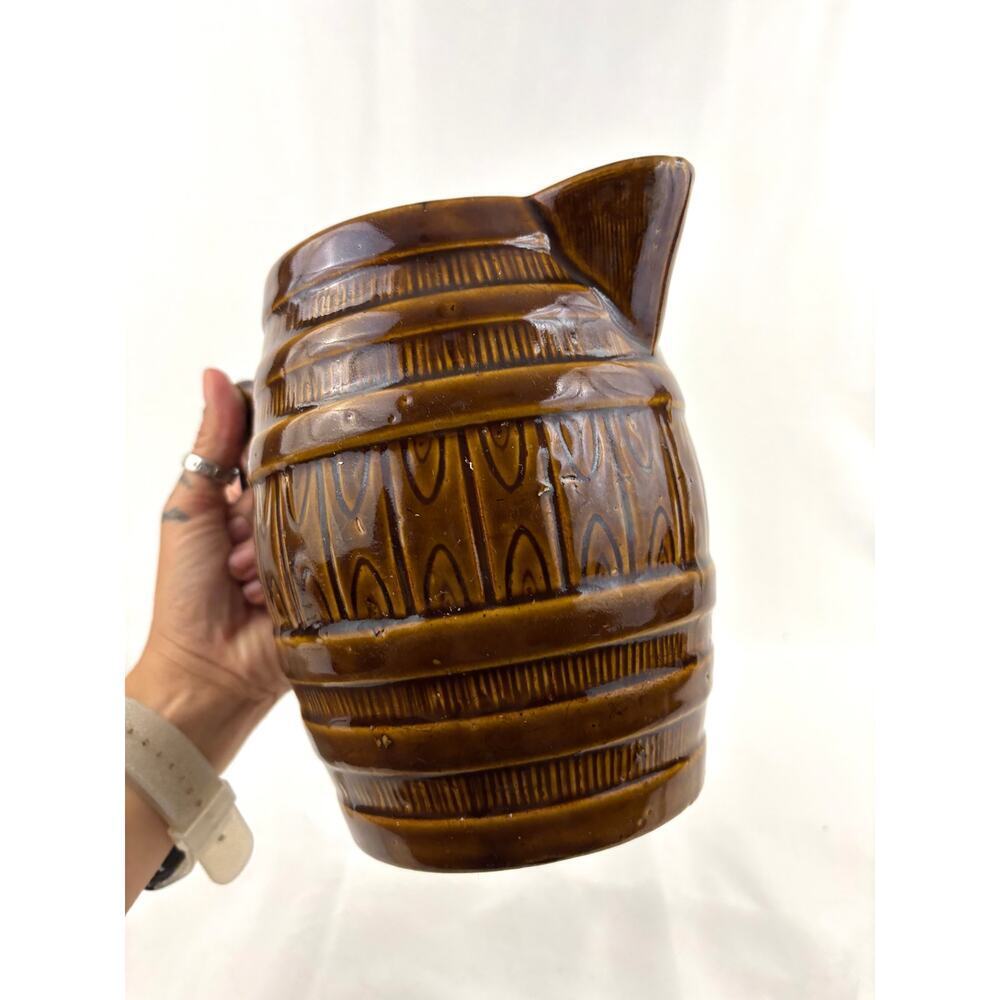 Vintage‎ Brown Glaze Barrel Pitcher Pottery 7" - Picture 10 of 12